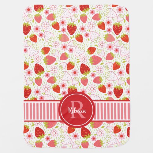 Cute Pink Monogram Floral Strawberry Pattern Baby Blanket