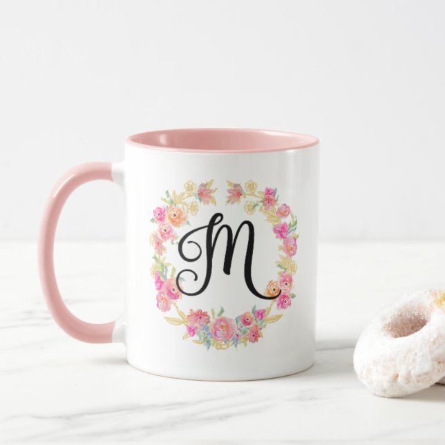 Cute Pink Monogram (M) Flower Wreath Mug (With Donut)