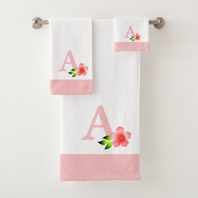 Cute pink monogram with flower bath towel set (Insitu)