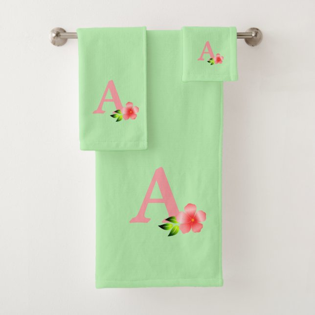 Cute pink monogram with flower on lime green bath towel set (Insitu)