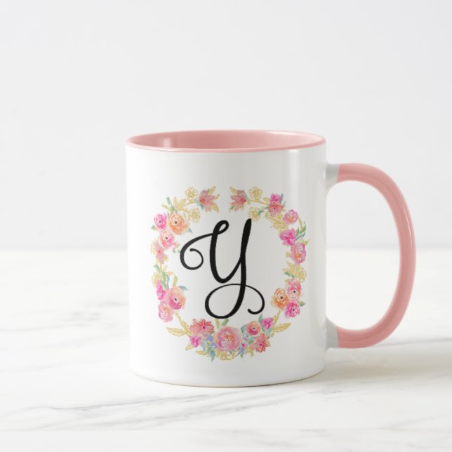Cute Pink Monogram (Y) Flower Wreath Mug (Right)