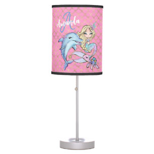 Cute Pink Monogrammed Mermaid Girls Bedroom Table Lamp