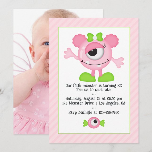 Cute Pink Monster Birthday Party Photo Invitation (Front/Back)