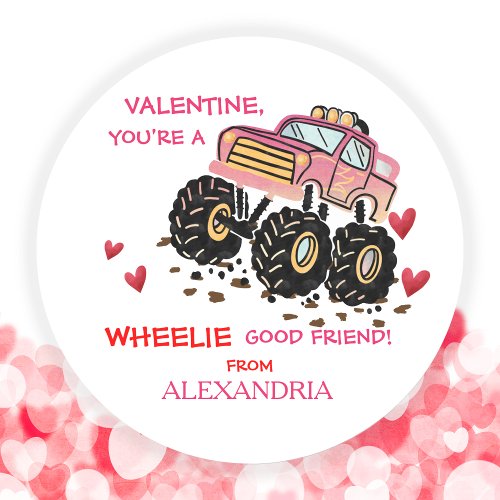 Cute Pink Monster Truck School Valentine  Classic Round Sticker