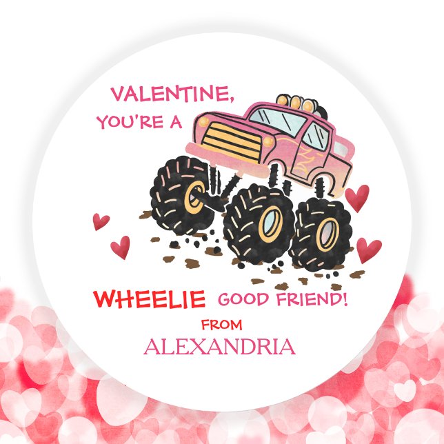 Cute Pink Monster Truck School Valentine  Classic Round Sticker (Cute Pink Monster Truck School Valentine Classic Round Sticker)