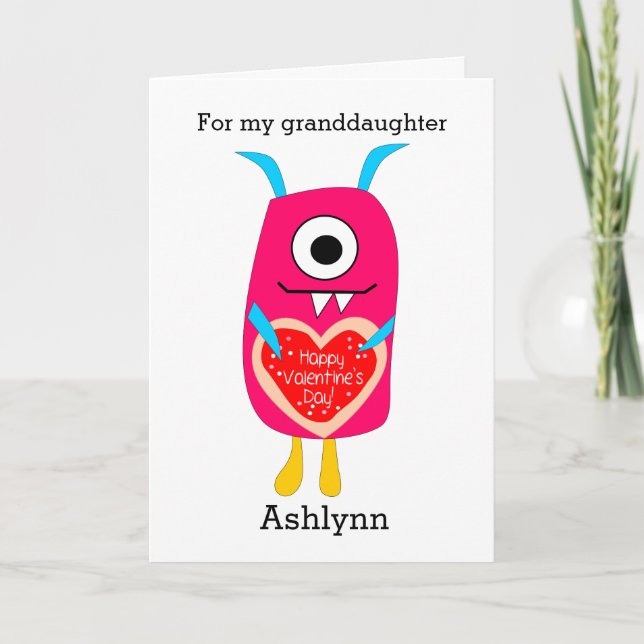 Cute Pink Monster Valentine Granddaughter Holiday Card (Front)