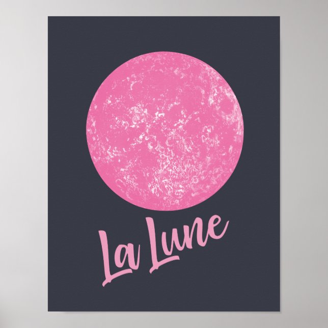 Cute Pink Moon Illustration French La Lune Blue Poster (Front)