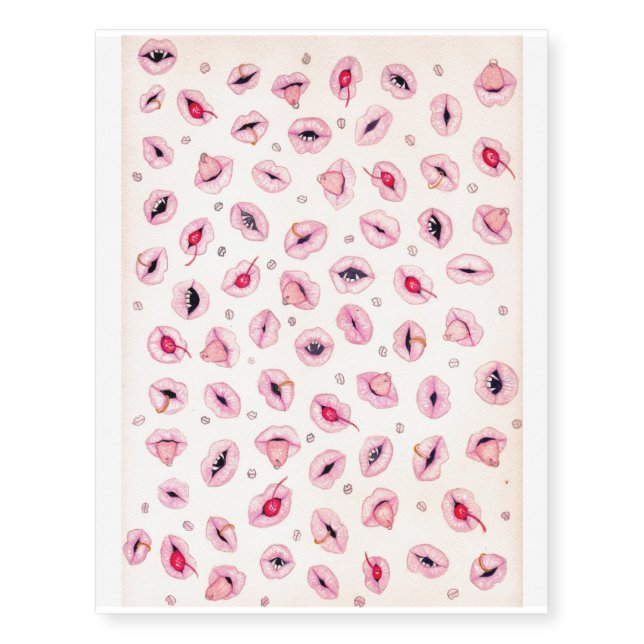 Cute pink mouths / vampire fangs cherry piercing temporary tattoos (Front)