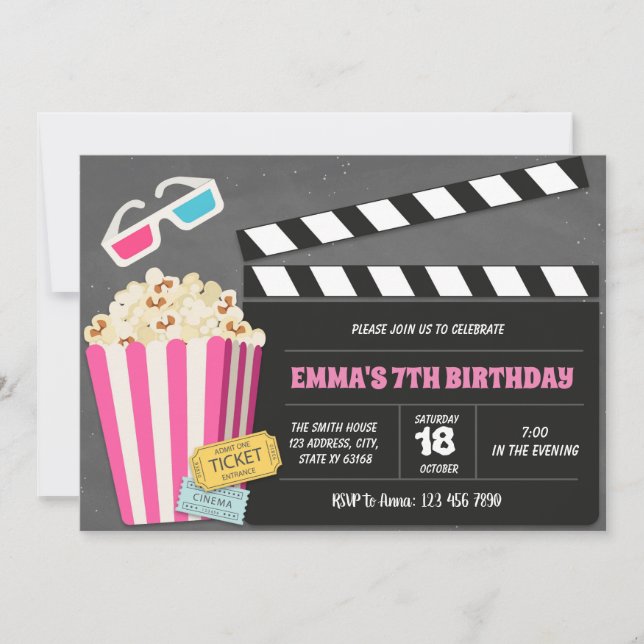 Cute pink movie birthday party invitation (Front)