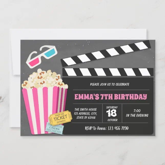 Cute pink movie birthday party invitation | Zazzle