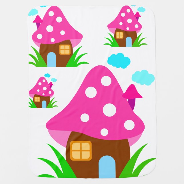 Cute Pink Mushroom House and Clouds  Baby Blanket (Front)