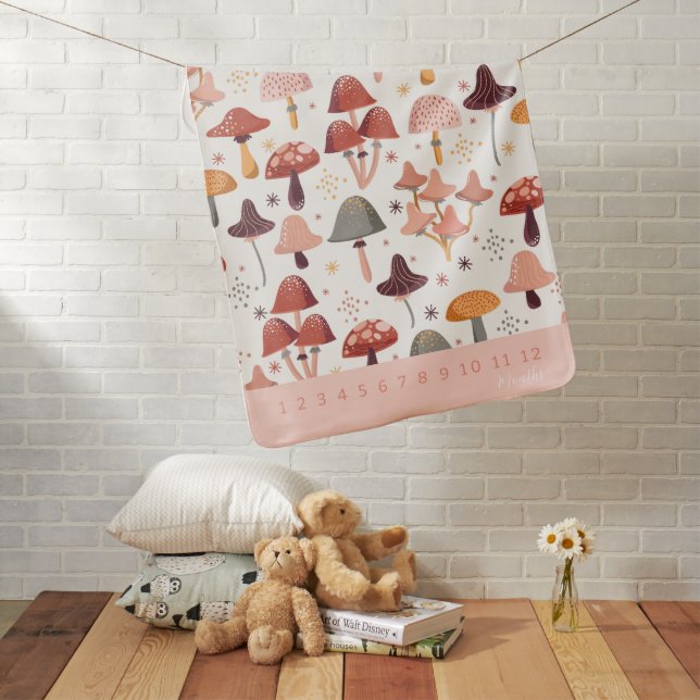 Cute Pink Mushroom Pattern Baby Girl Milestone Baby Blanket (In Situ)