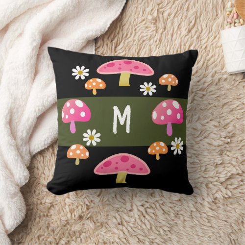 Cute Pink Mushrooms On Black Girls  Throw Pillow