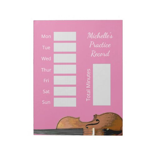 Cute Pink Musical Violin Lessons Practice Record Notepad