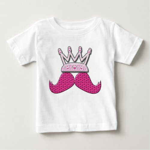 Cute Pink Mustache Printed Pearls Crown Baby T_Shirt