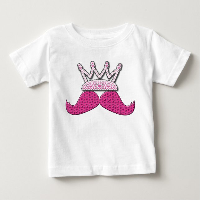 Cute Pink Mustache Printed Pearls Crown Baby T-Shirt (Front)