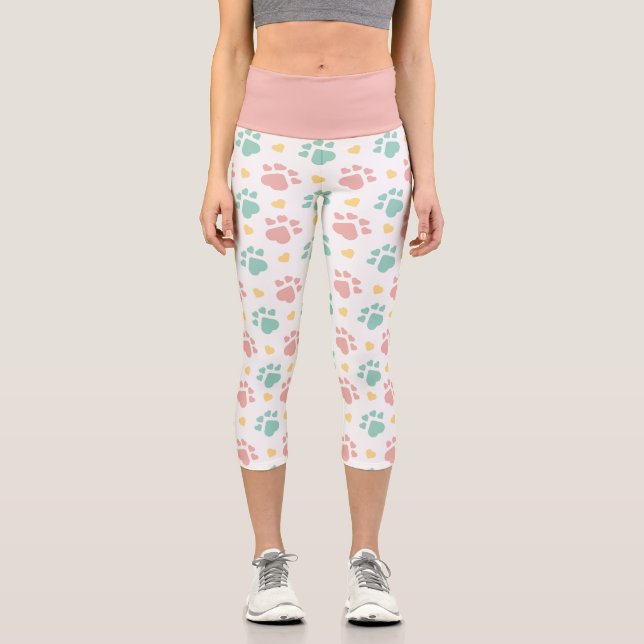 Cute Pink n Blue Paw Print Pet Lover Capri Leggings (Front)
