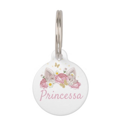 Cute Pink Name with Ears Flowers Butterfly Pet ID Tag