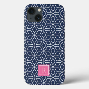 Cute Pink & Navy Geometric Pattern Monogram iPhone 13 Case