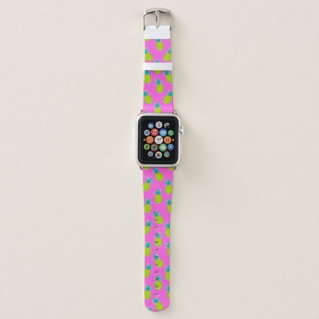 Cute Pink Neon Tropical Pineapple Pattern Apple Watch Band (Front)