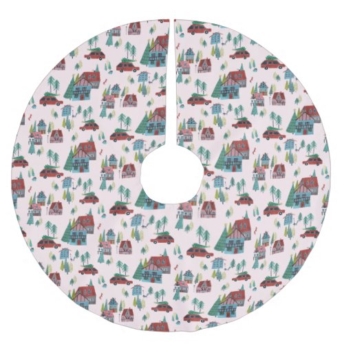 Cute Pink Nordic skating Village Christmas Pattern Brushed Polyester Tree Skirt