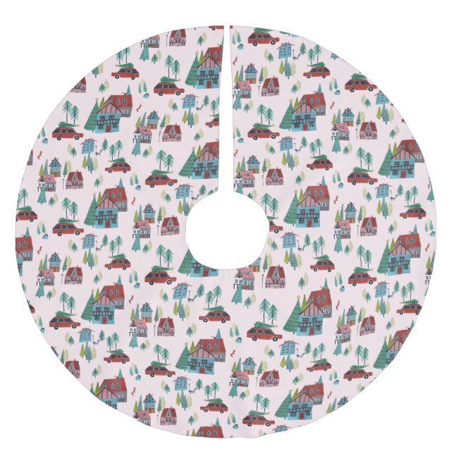 Cute Pink Nordic skating Village Christmas Pattern Brushed Polyester Tree Skirt (Front)
