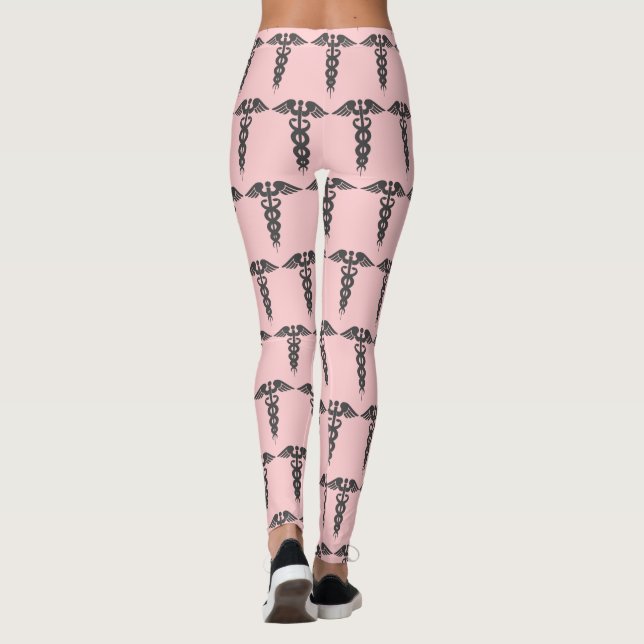 Cute Pink Nurse Caduceus Pattern Womens Leggings (Back)