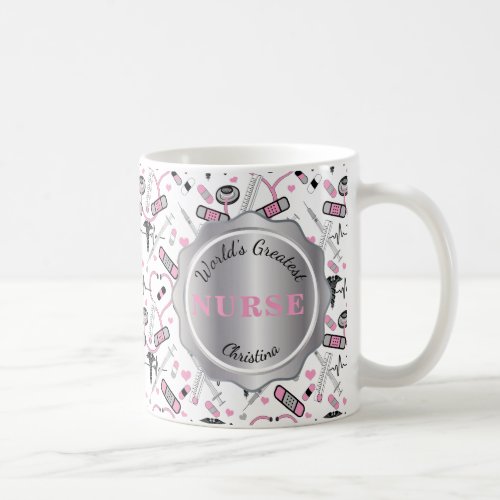 Cute Pink Nurse  Doctor EKG Caduceus Pattern Name Coffee Mug