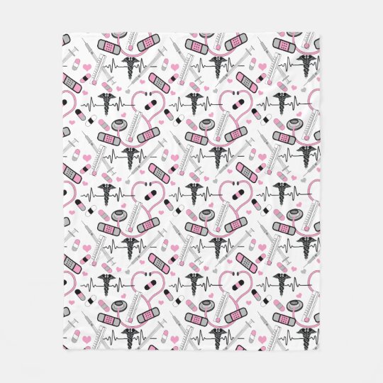 Cute Pink Nurse Doctor EKG Stethoscope Pattern Fleece Blanket