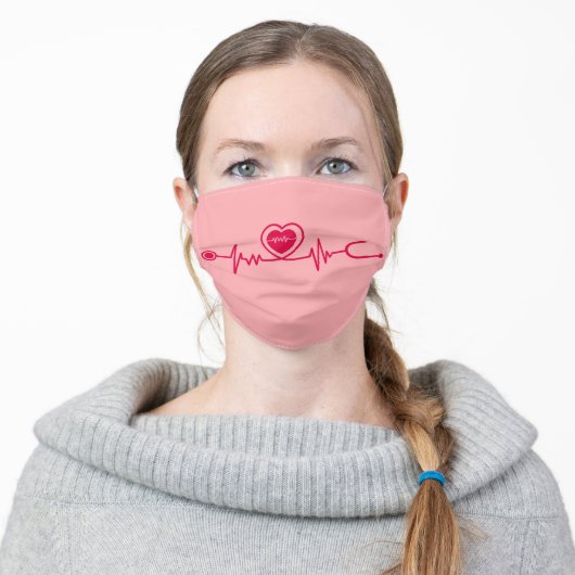 Cute Pink Nurse Doctor Heartbeat Health Adult Cloth Face Mask (Worn)
