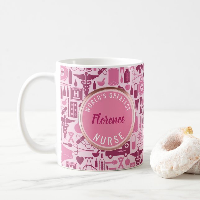 Cute Pink Nurse Doctor Medical Pattern Name Coffee Mug (With Donut)