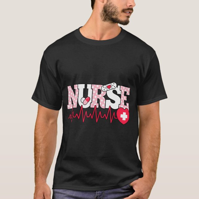 Cute Pink Nurse Heartbeat Nursing  T-Shirt (Front)