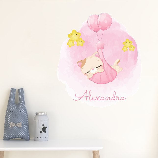 Cute Pink Nursery Decor Custom Name Sleepy Kitten Wall Decal (Creator Uploaded)