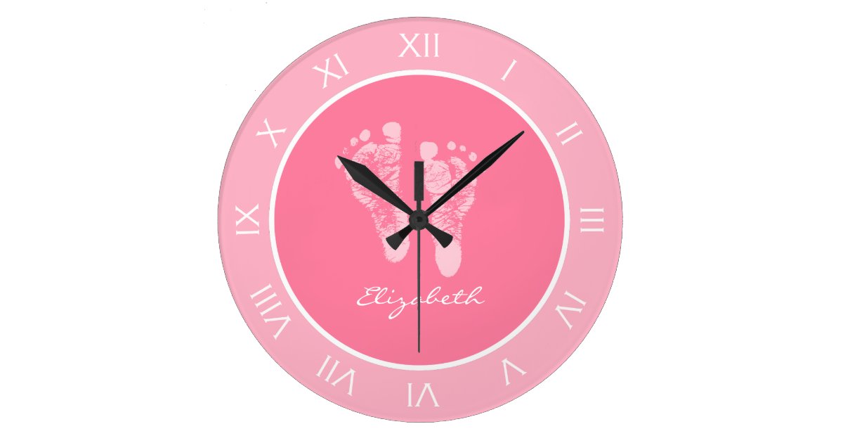 Cute Pink Nursery Footprints With Baby Girl Name Large Clock | Zazzle