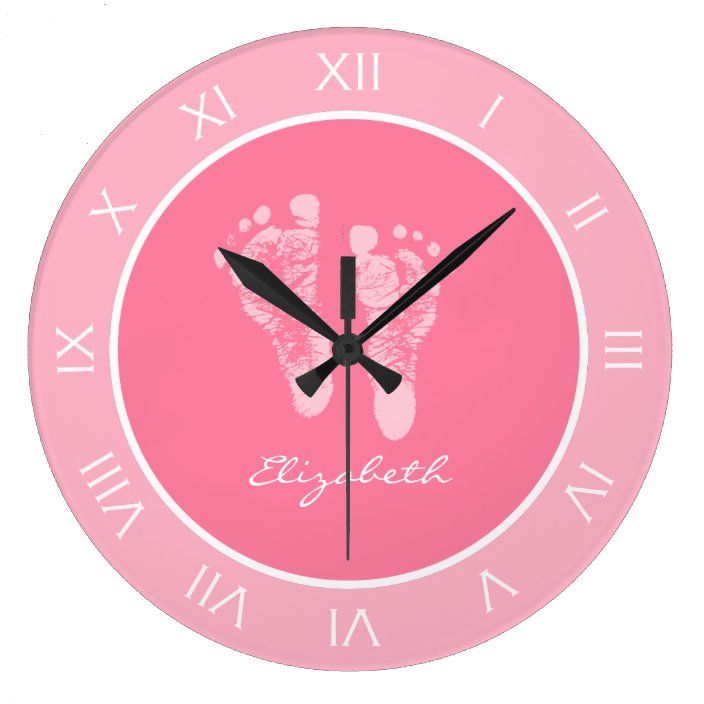 Cute Pink Nursery Footprints With Baby Girl Name Large Clock | Zazzle.com