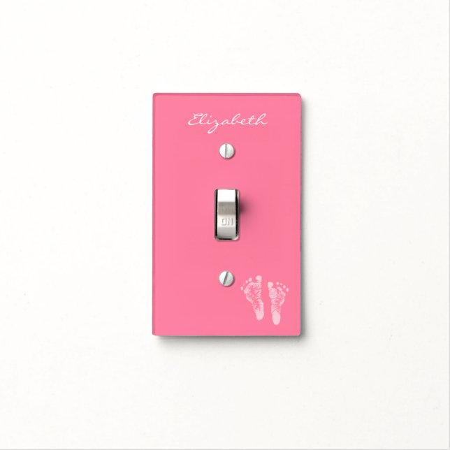 Cute Pink Nursery Footprints With Baby Girl Name Light Switch Cover (In Situ)