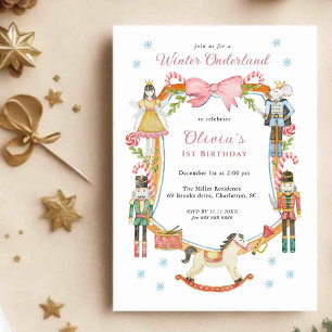 Cute Pink Nutcracker Christmas Girl 1st Birthday Invitation