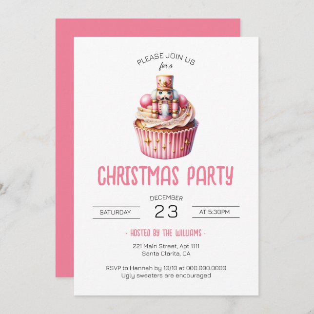 Cute Pink Nutcracker Cupcake Christmas Party Invitation (Front/Back)