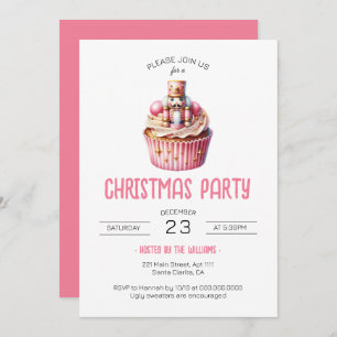 Cute Pink Nutcracker Cupcake Christmas Party Invitation