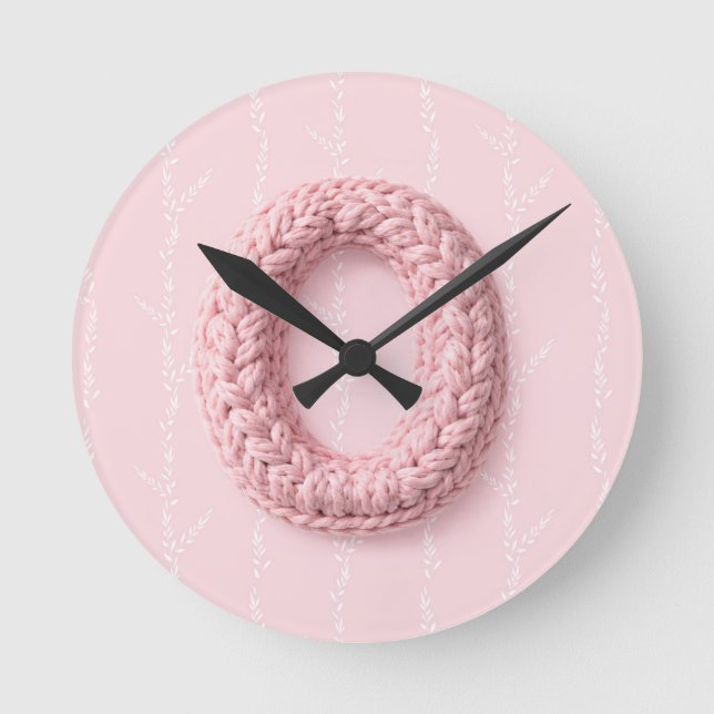 Cute pink O monogram initial crocheted letter boho Round Clock (Front)