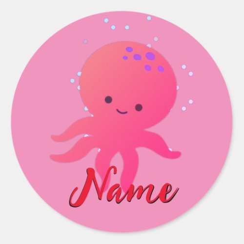 Cute Pink Octopus Cartoon Add Name Classic Round Sticker