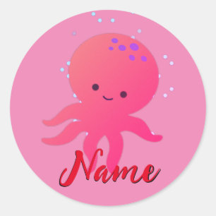 Cute Pink Octopus Cartoon Add Name Classic Round Sticker
