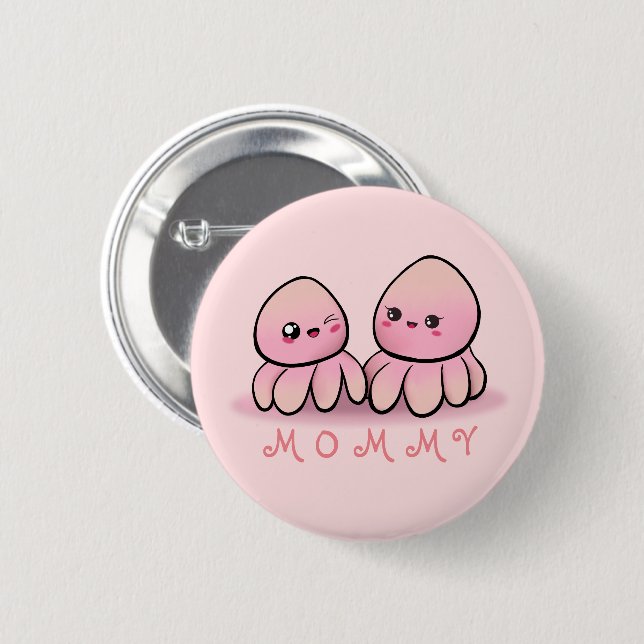 cute pink octopus mother  button (Front & Back)