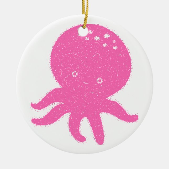 Cute Pink Octopus Old Print Ceramic Ornament (Front)
