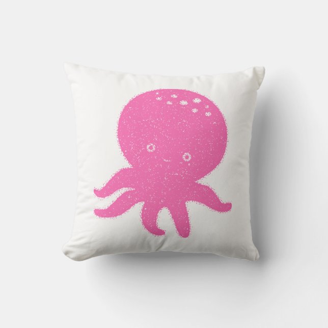 Cute Pink Octopus Old Print Throw Pillow (Front)