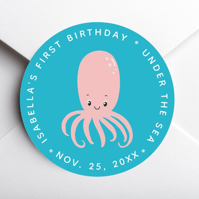 Cute Pink Octopus Under the Sea 1st Birthday Blue Classic Round Sticker (Creator Uploaded)