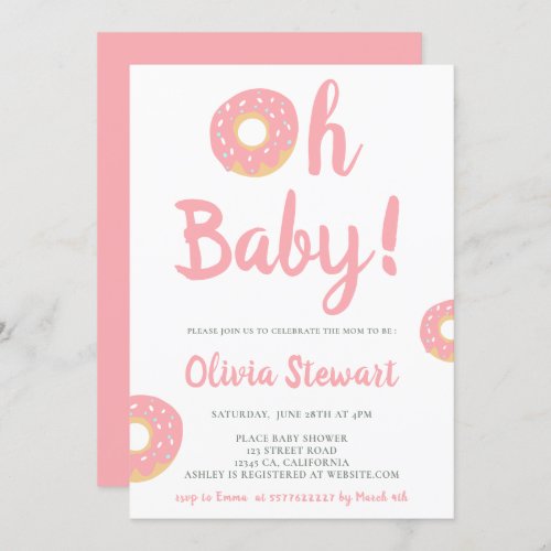Cute pink oh baby donut script baby shower invitation