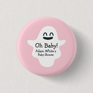 Cute Pink Oh Baby! Ghost Halloween Baby Shower Button