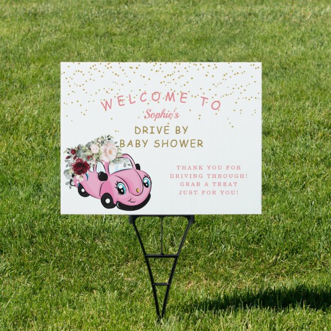 Cute Pink Old Car Floral Girl Baby Shower Drive By Sign (Insitu)