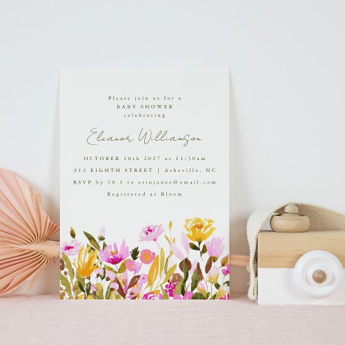 Cute Pink Olive Watercolor Floral Baby Shower Invitation